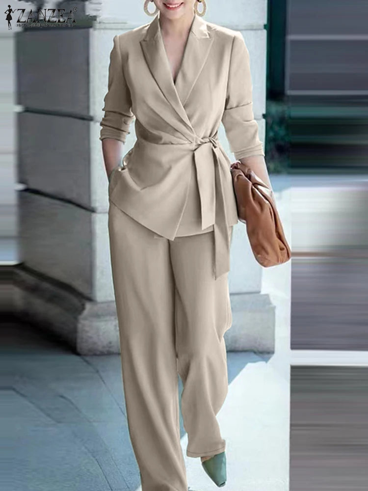 Women's Blazer Suit Set With Tied Waist Top And Pants For Office Wear Elegant Two Piece Outfit Spring Summer