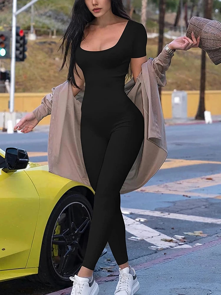 Stylish Women's Short Sleeve Skinny Bodycon Romper Jumpsuit Solid Color Casual Fitness Streetwear Overalls in black.