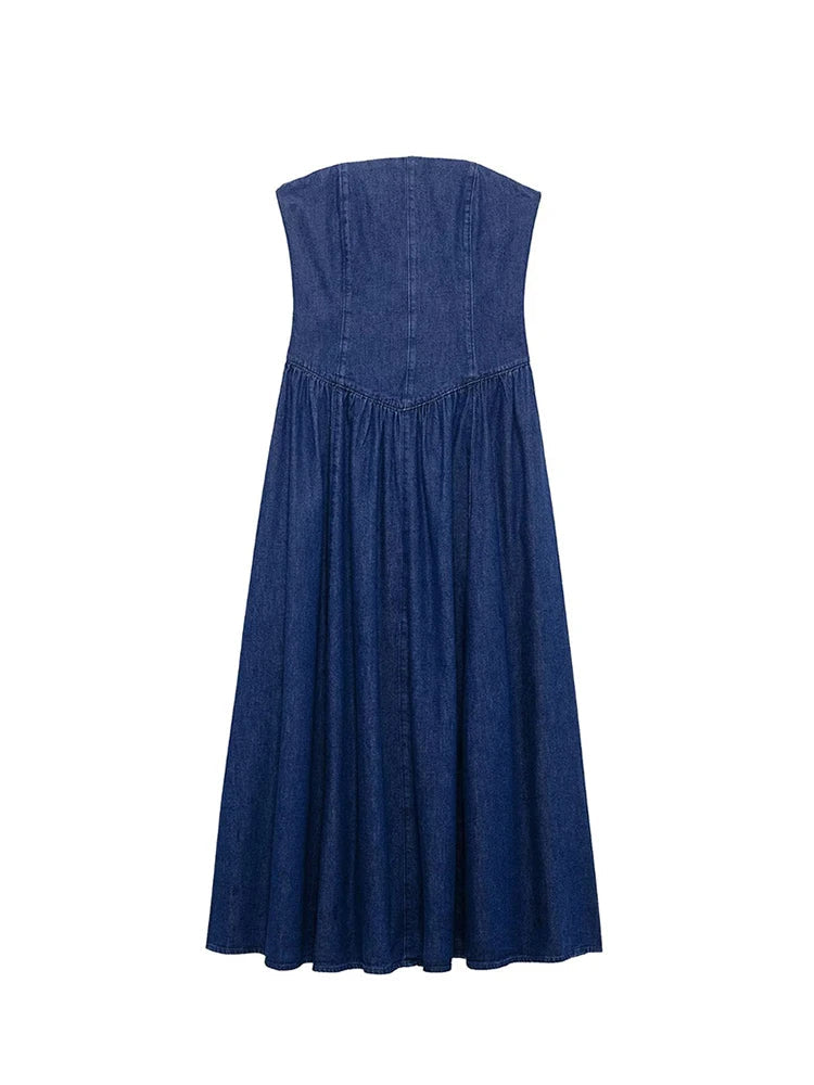 Denim Sheath Party Dress With Drawstring Navy Back Zipper