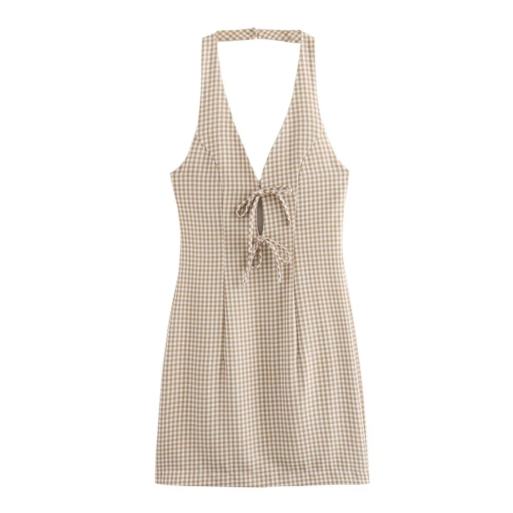 Chic Bow Checkered Dress With Hanging Neck Strap For Women
