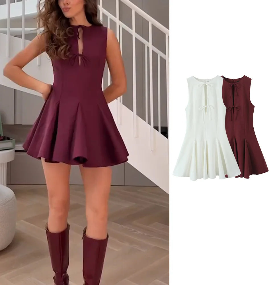 Sexy Bow Pleated Sleeveless Mini Dress For Summer Women