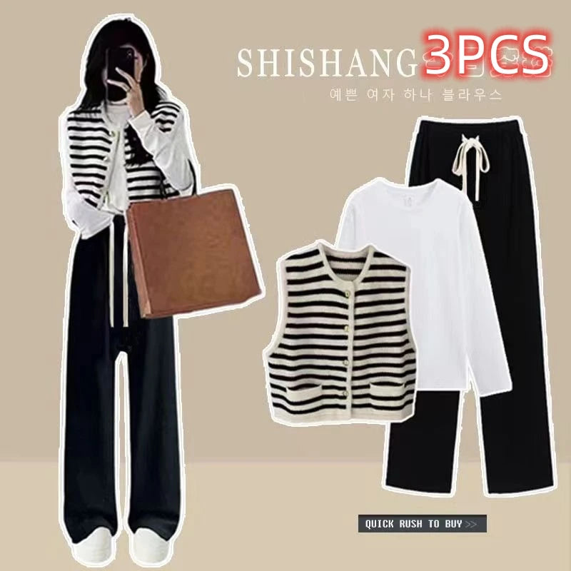 Stylish Knitwear Two Piece Set Women's Sweater Cardigan Vest Long Sleeve Blouse and Pants Ensemble, perfect for any occasion.