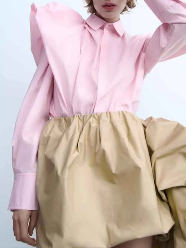 Stylish women’s romantic fluffy poplin shoulder shirt solid color versatile fashion top, perfect for any occasion.