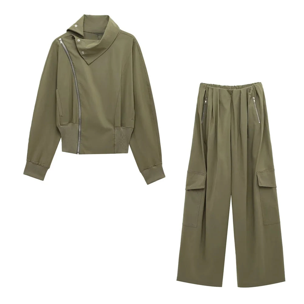 Stylish Olive Green Cowl Neck Asymmetric Zip Jacket with Elastic Waist Wide Leg Cargo Pants Set for Trendy Women's Fashion.