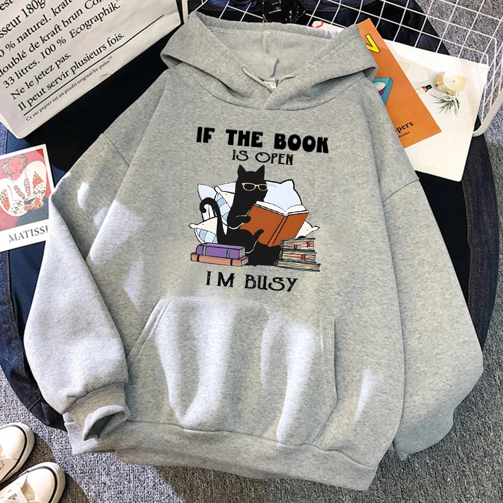 Black Cat Hoodie Women Casual Crewneck Fleece Pullover