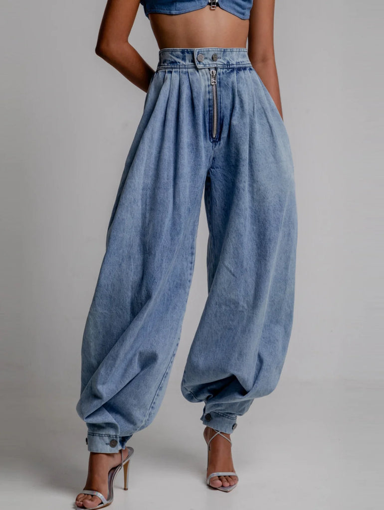 Women High Waisted Denim Pants Zipper Loose Bloomers Jeans