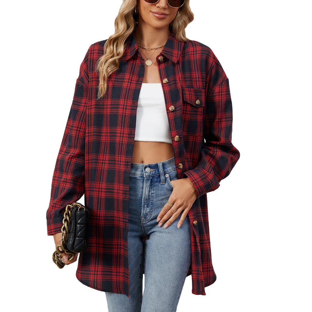 Stylish Women’s Casual Plaid Button Up Blouse Long Sleeve Turn Down Collar Shacket Plus Size Loose Fit for streetwear.