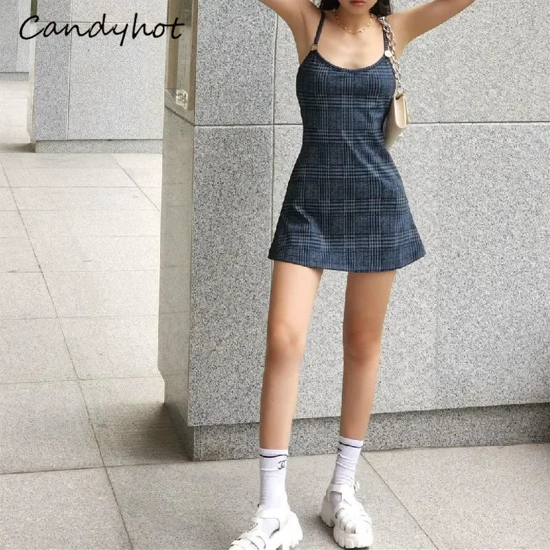 Plaid Backless Bodycon Mini Dress with Suspender Straps