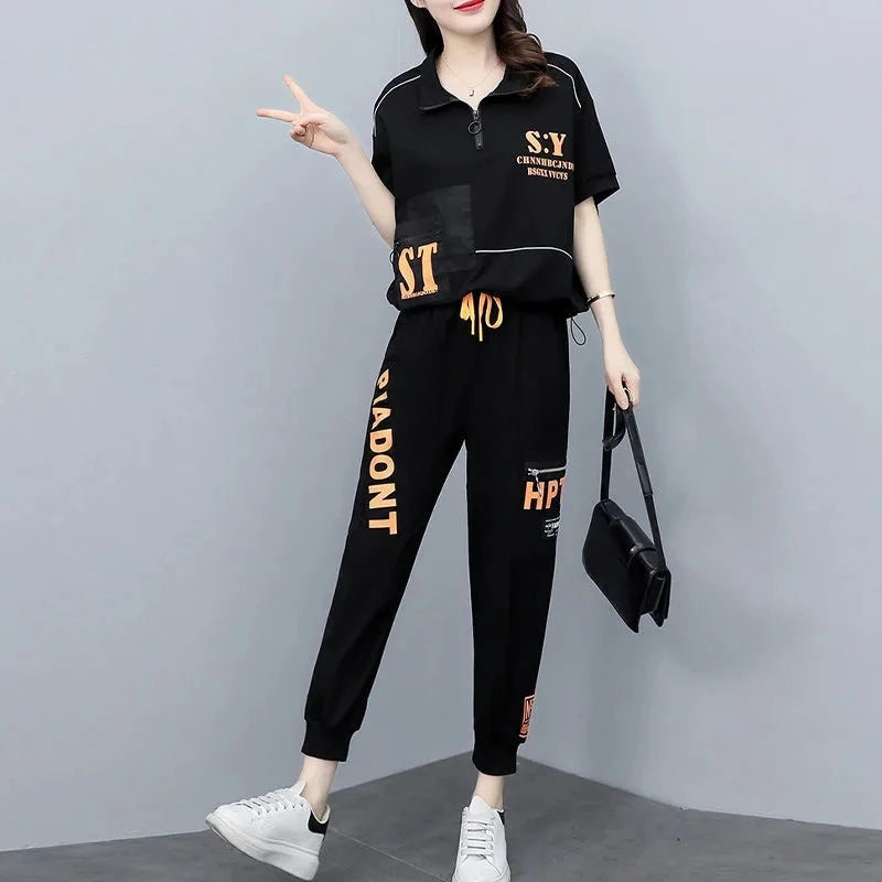 Trendy Women's Summer Korean Style Sports Suit Loose Short Sleeve Top and Pencil Pants Two Piece Set for casual wear.
