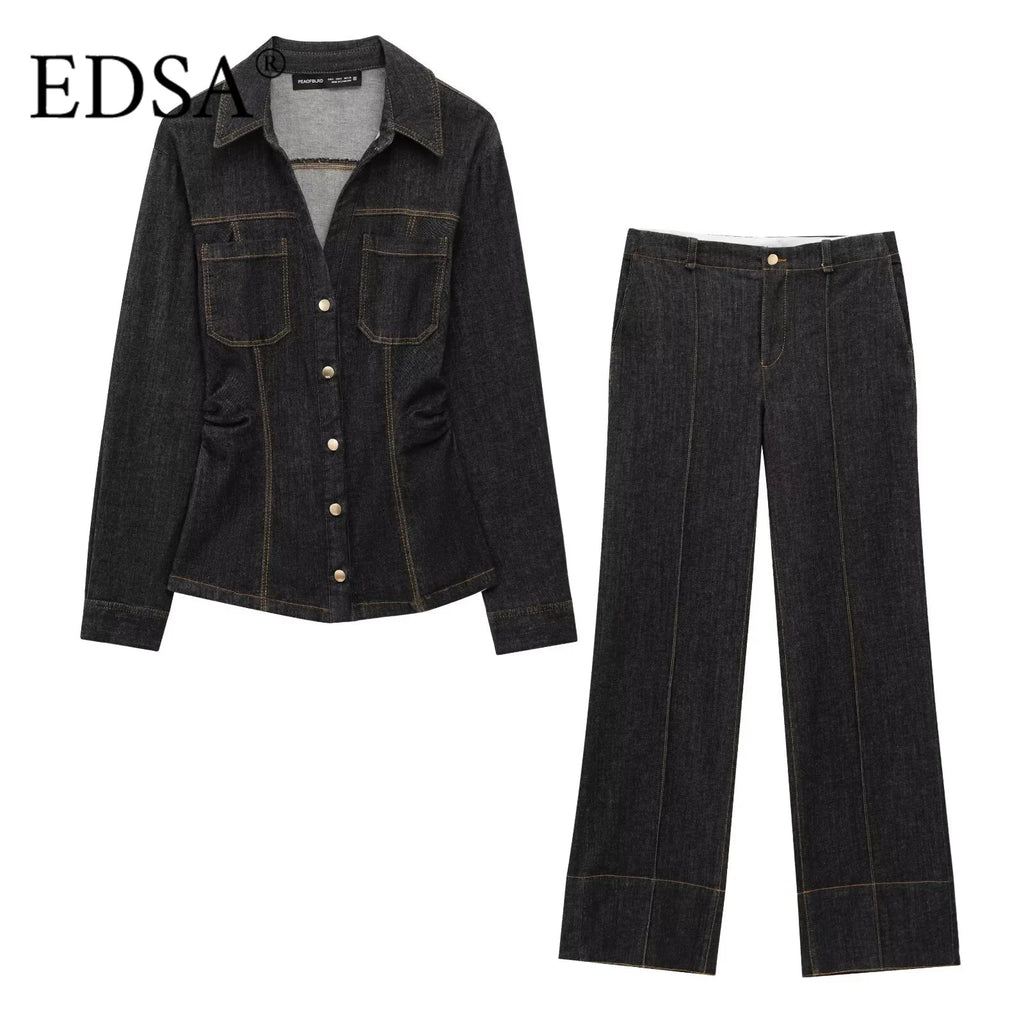 Women’s Black Denim Pants Set with Fitted Shirt Featuring Patch Pockets Pintuck Detail and Straight Leg Jeans Long Pants Suit