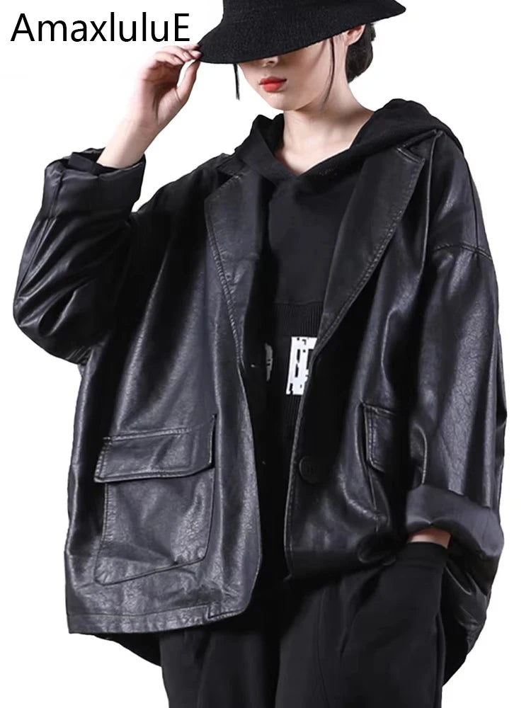 Women Black Faux Leather Biker Jacket Loose PU Coat