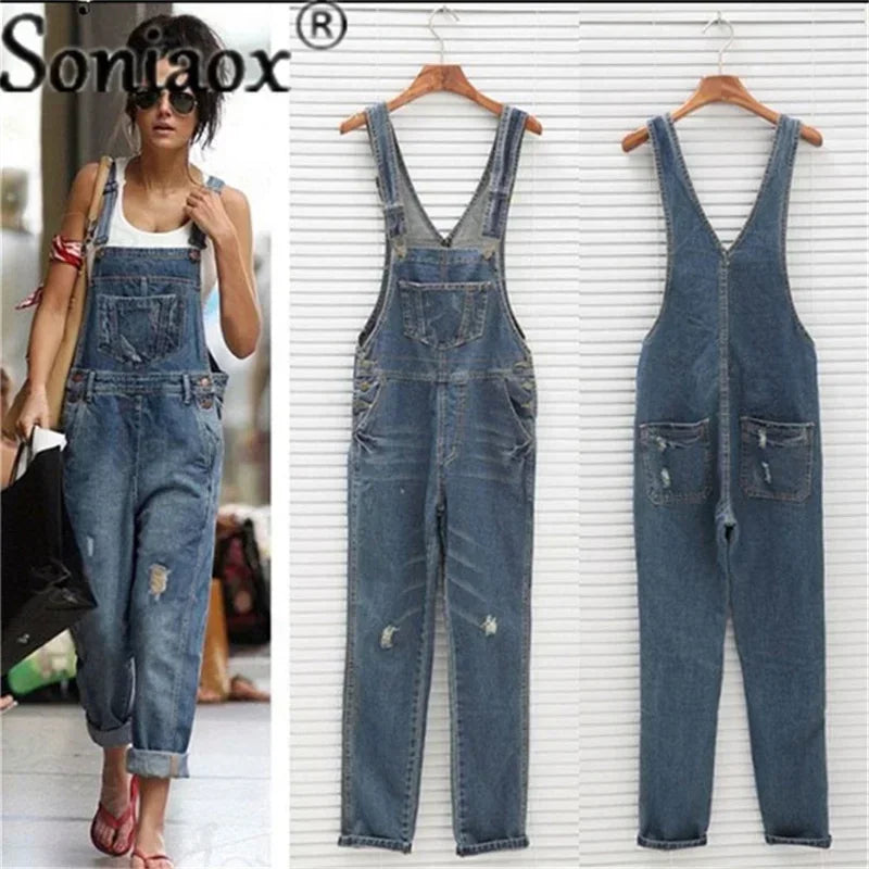 Loose Fit Casual Streetwear Distressed Denim Jumpsuit for Women features adjustable suspenders and functional pockets for style.