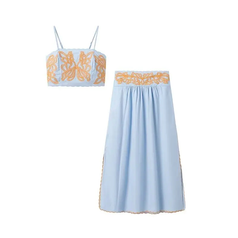 Women Embroidered Strap Top And Skirt Set Casual Elegant