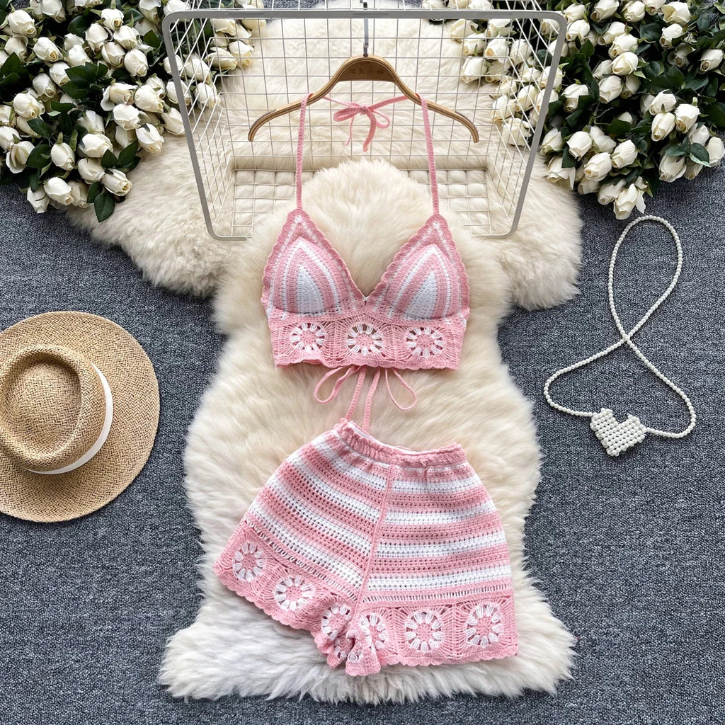 Stylish Women’s Crochet Knit Co-ord Set Halter Sleeveless Lace-Up Camisole and Shorts Summer Beach Outfit Two-Piece Lounge Suit.