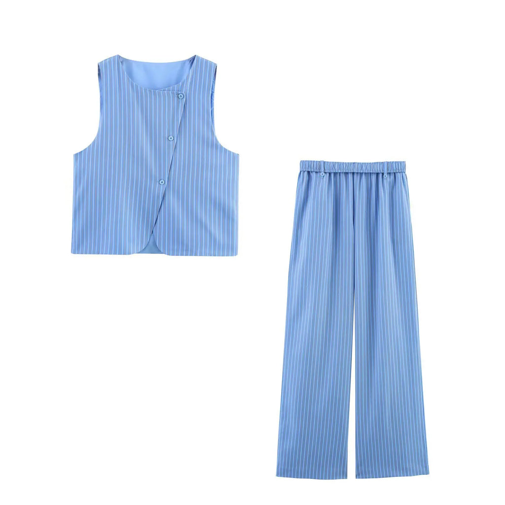 Stylish Asymmetric Striped Vest Pants Suit for Women with Round Neck Sleeveless Top, perfect casual chic outfit for spring and summer.