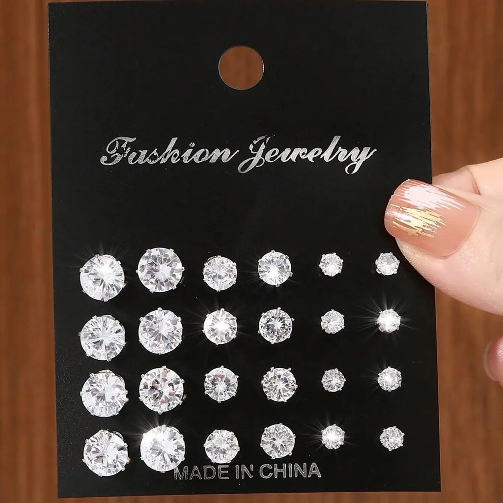 Stylish 12 Pairs Minimalist Cubic Zirconia Sparkly Earrings for Everyday Wear and Special Occasions by Fusion Jewelry.