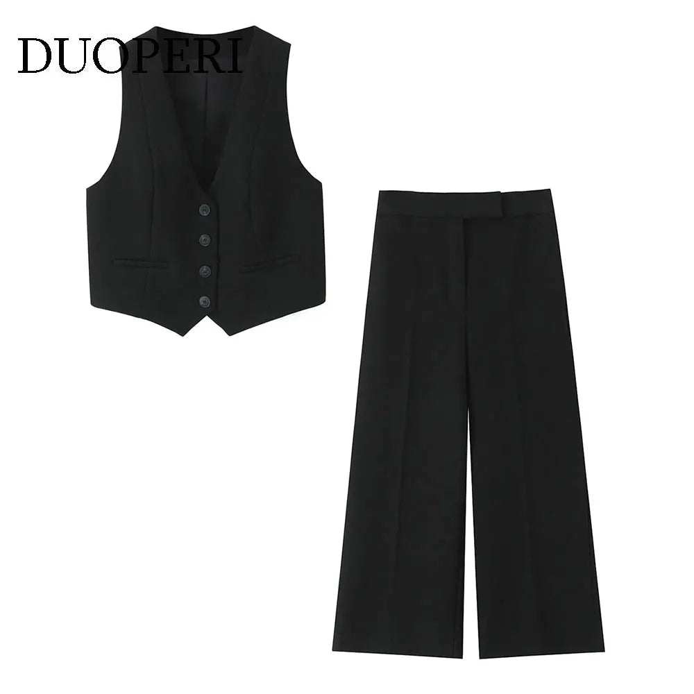 Chic Women Casual Two Piece Set Black V-Neck Tank Top and Wide Leg Pants for stylish, comfortable outings.
