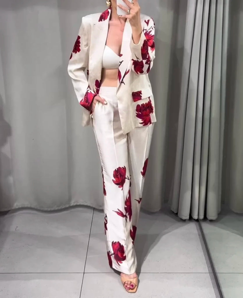Stylish Fashion Printed Blazer Pants Set for Women, perfect for casual street style and loose fit comfort.