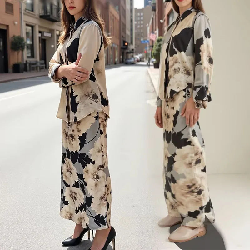 Women Brown Satin Midi Skirt Set Printed Top With Belt