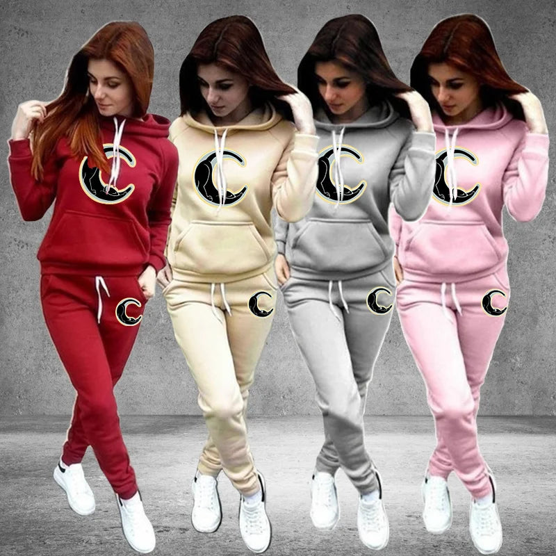 Stylish Women's Celestial Cat Print Sweatshirt Hoodie and Pants Casual Sportswear Two Piece Set, perfect for comfort and leisure.