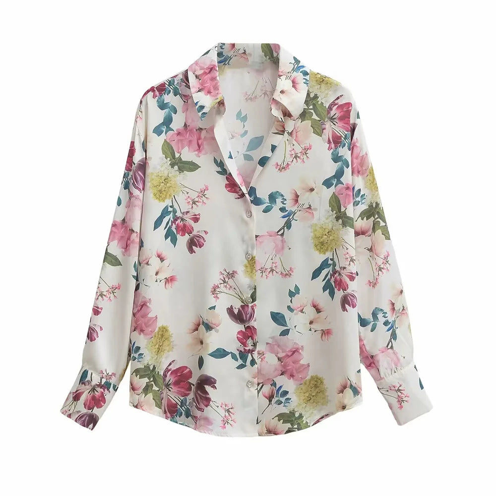 Loose Fit Women's Silk Satin Printed Shirt Versatile Three-Dimensional Slimming Texture for Spring and Summer in floral design.