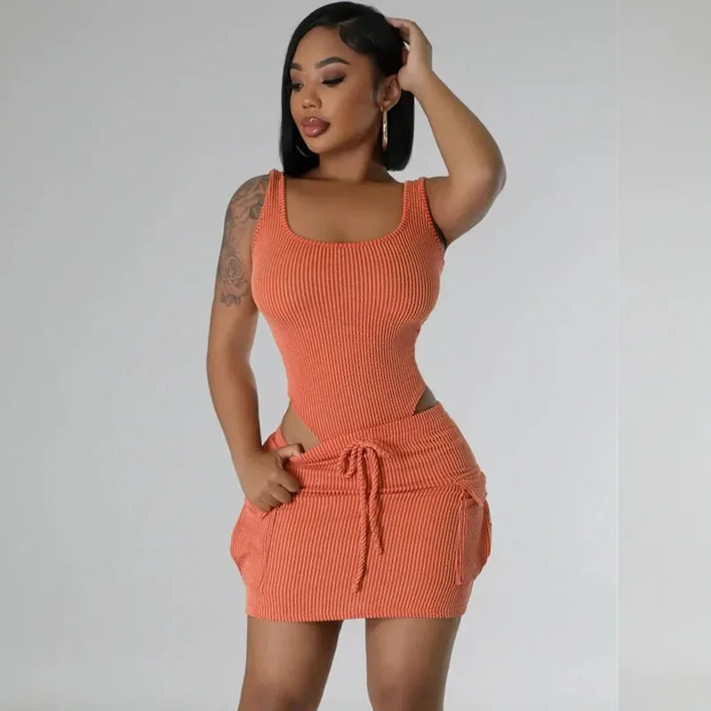 Ribbed Knit Two Piece Tank Bodysuit And Mini Skirt Set