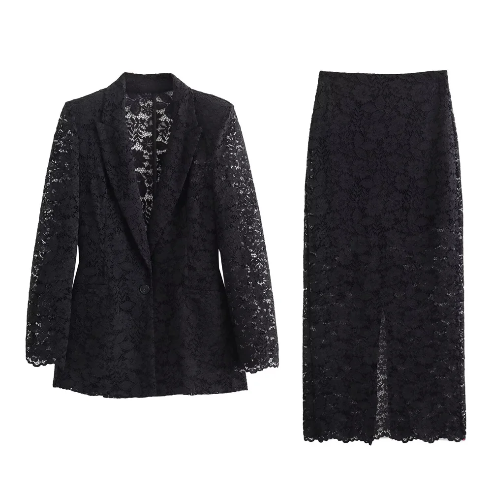 Women’s Elegant Lace Suit Jacket and High Waisted Skirt Set Casual Versatile Temperament Fashion Ensemble
