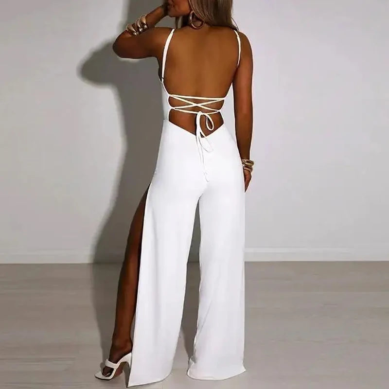 Elegant Sexy Backless Bandage Jumpsuit for Women, sleeveless with a split design, perfect for casual chic looks.