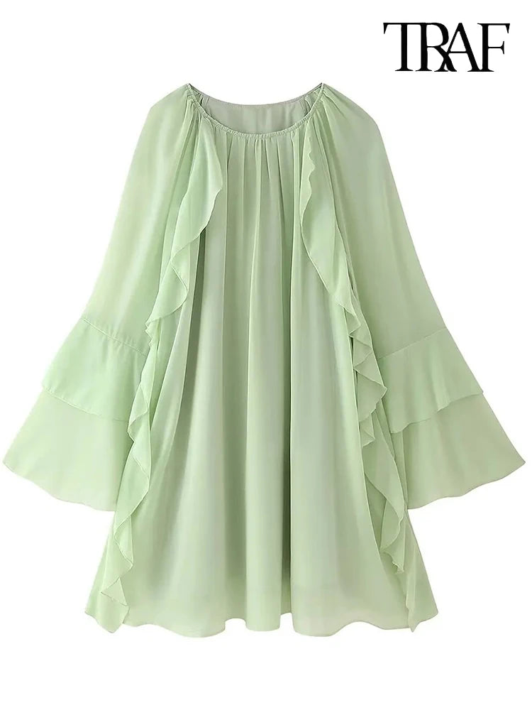 Boho Beach Dress With Round Neck Ruffle Trim Long Sleeve