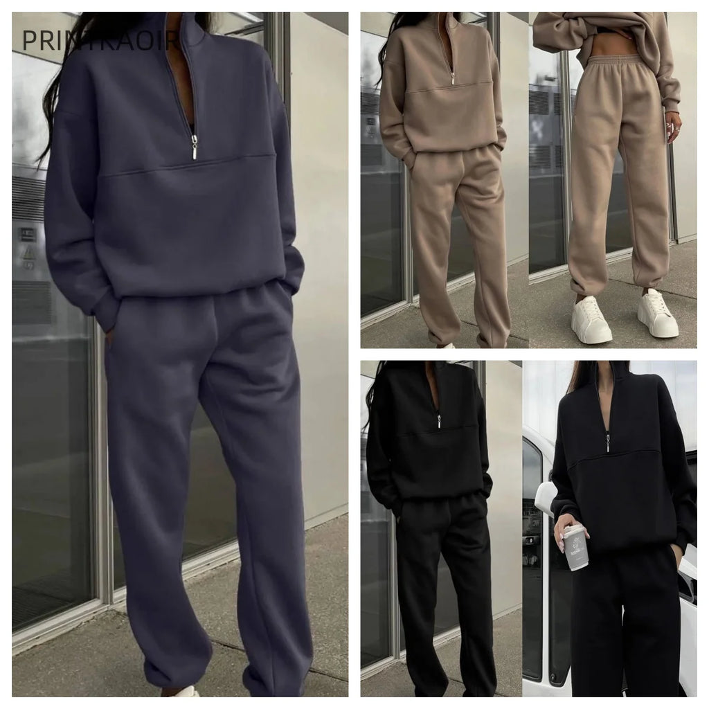 Stylish Casual Fleece Two Piece Tracksuit Set for Women with Long Sleeve Hoodie and Trousers in multiple colors.
