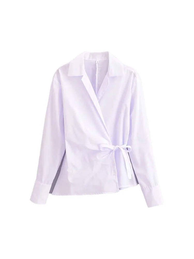 Elegant Women's Summer Lapel Poplin Shirt Long Sleeve Slim Fit Bow Tie Wrap Solid Color Blouse, perfect for warm weather.