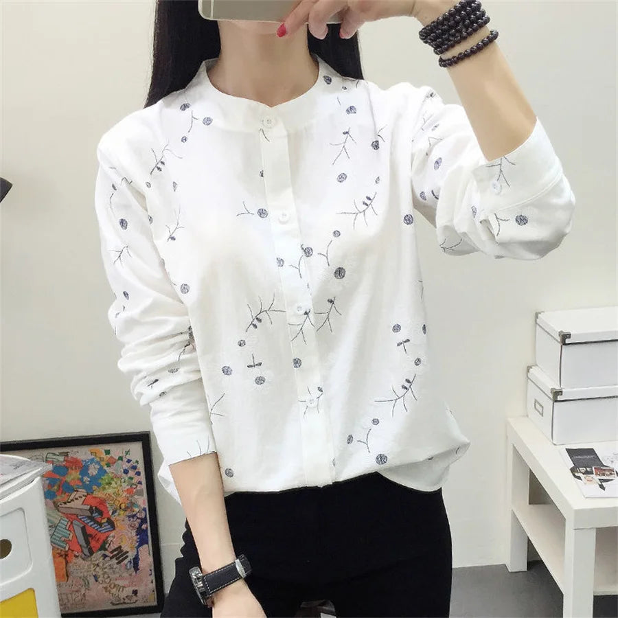 Embroidered Women’s Cotton Linen Blouse Casual Long Sleeve Stand Collar Shirt Spring Summer Top, perfect for warm weather style.