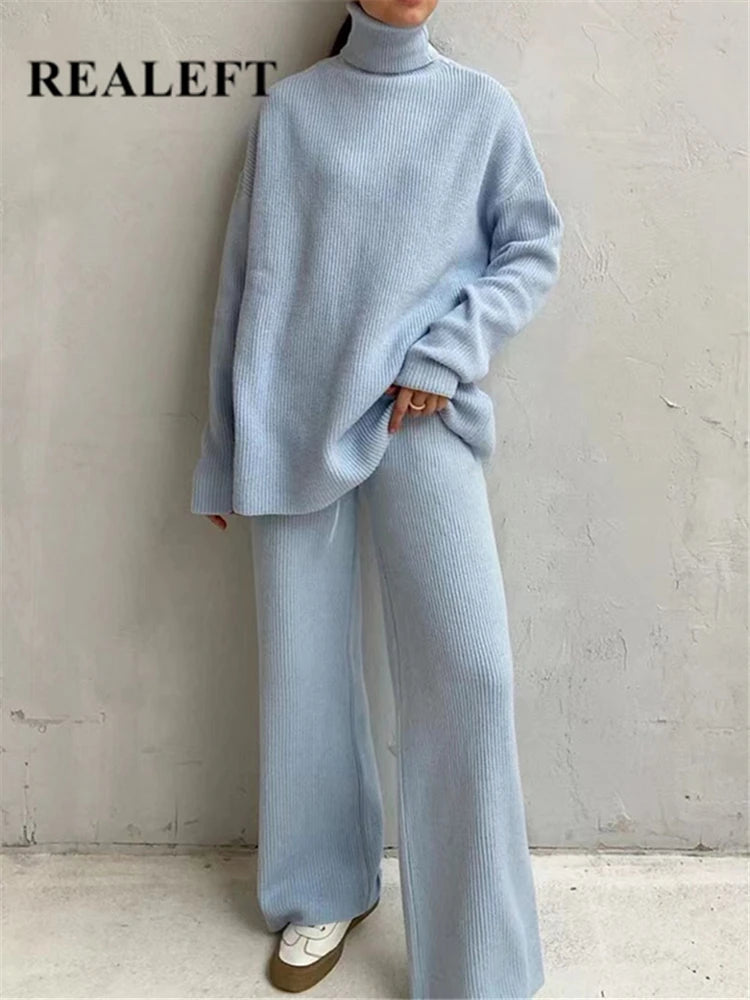 Stylish Knitted Tracksuit Set for Women with Turtleneck Sweater and Wide Leg Jogging Pants from REALEFT, perfect for casual wear.