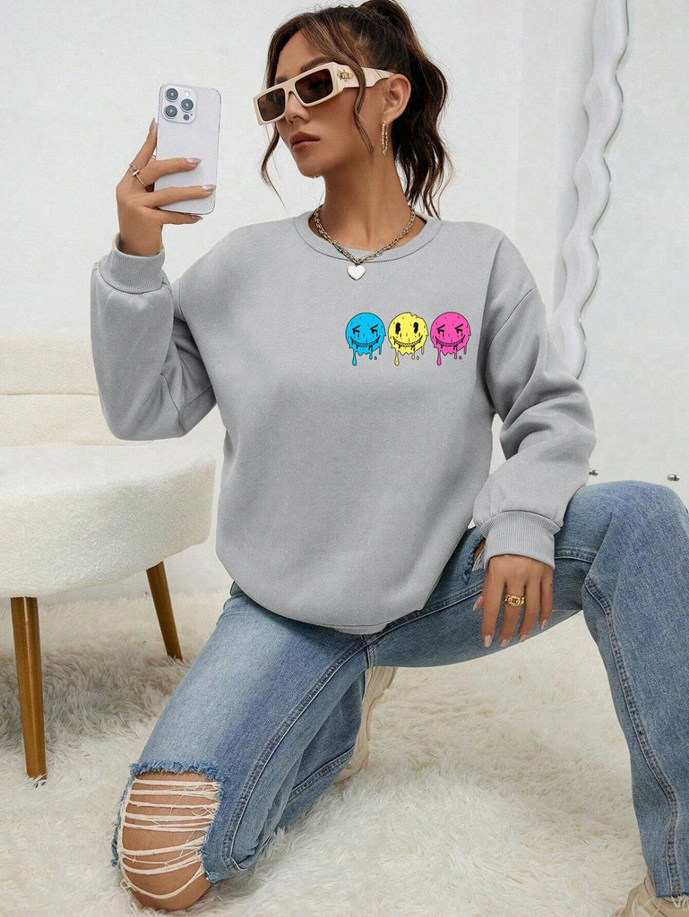 Womens Smiling Face Sweatshirt Fleece Warm Casual Top