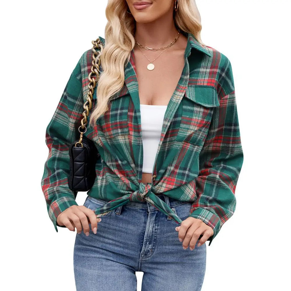 Stylish Women Plaid Button Up Shirt Loose Fit Warm Long Sleeve Casual Blouse with Pockets for Autumn Winter vibes.