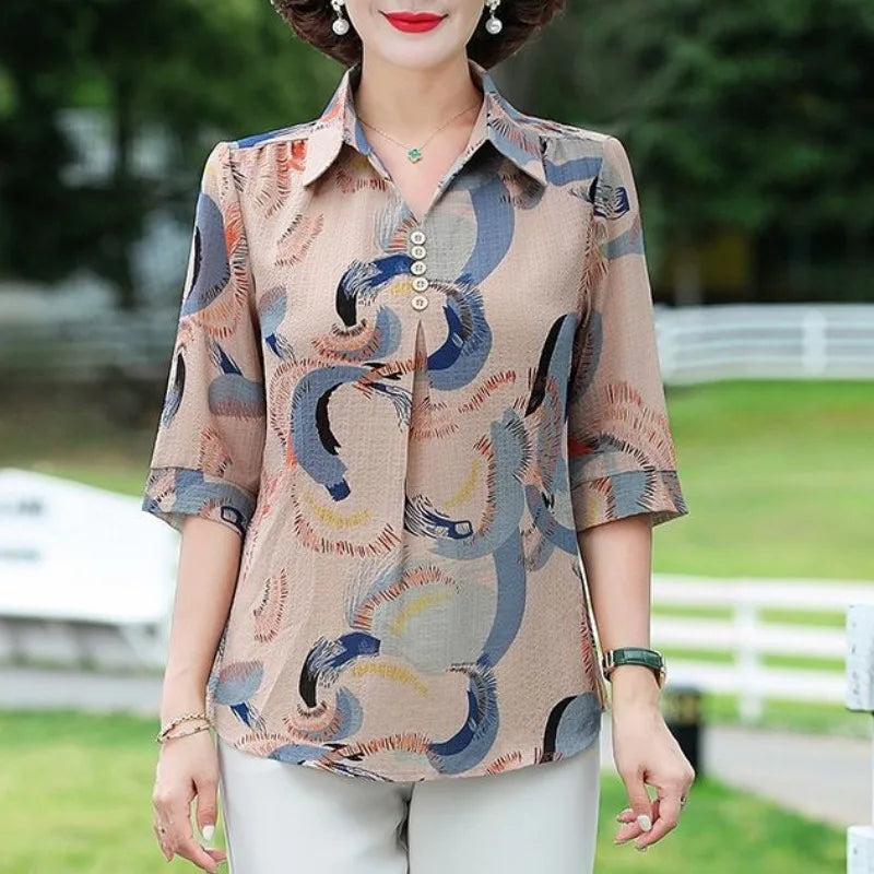Summer Women’s Floral Print Chiffon Pullover Shirt with Square Collar Half Sleeves, perfect for elegant vacation outings.