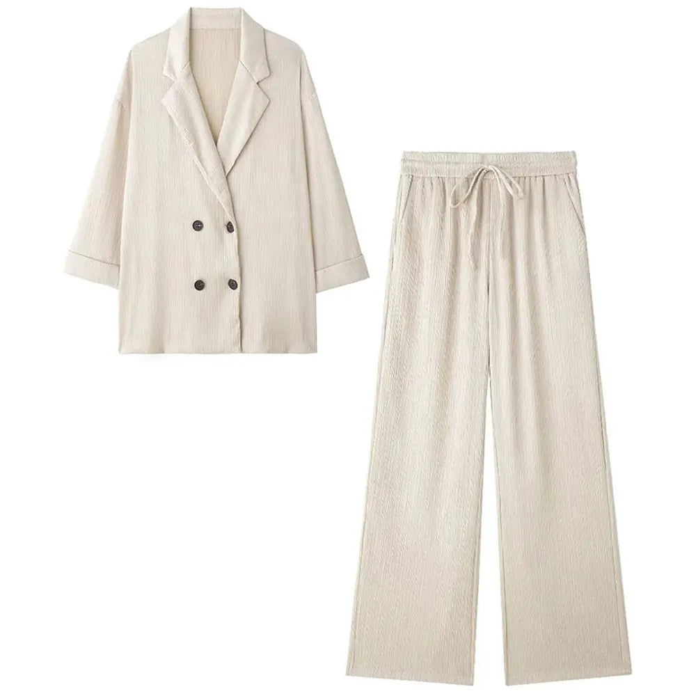 Elegant Women Blazer Pant Suit Set with Wrinkle Effect Double Breasted Long Sleeve Coat and Straight Trouser for Office Wear.