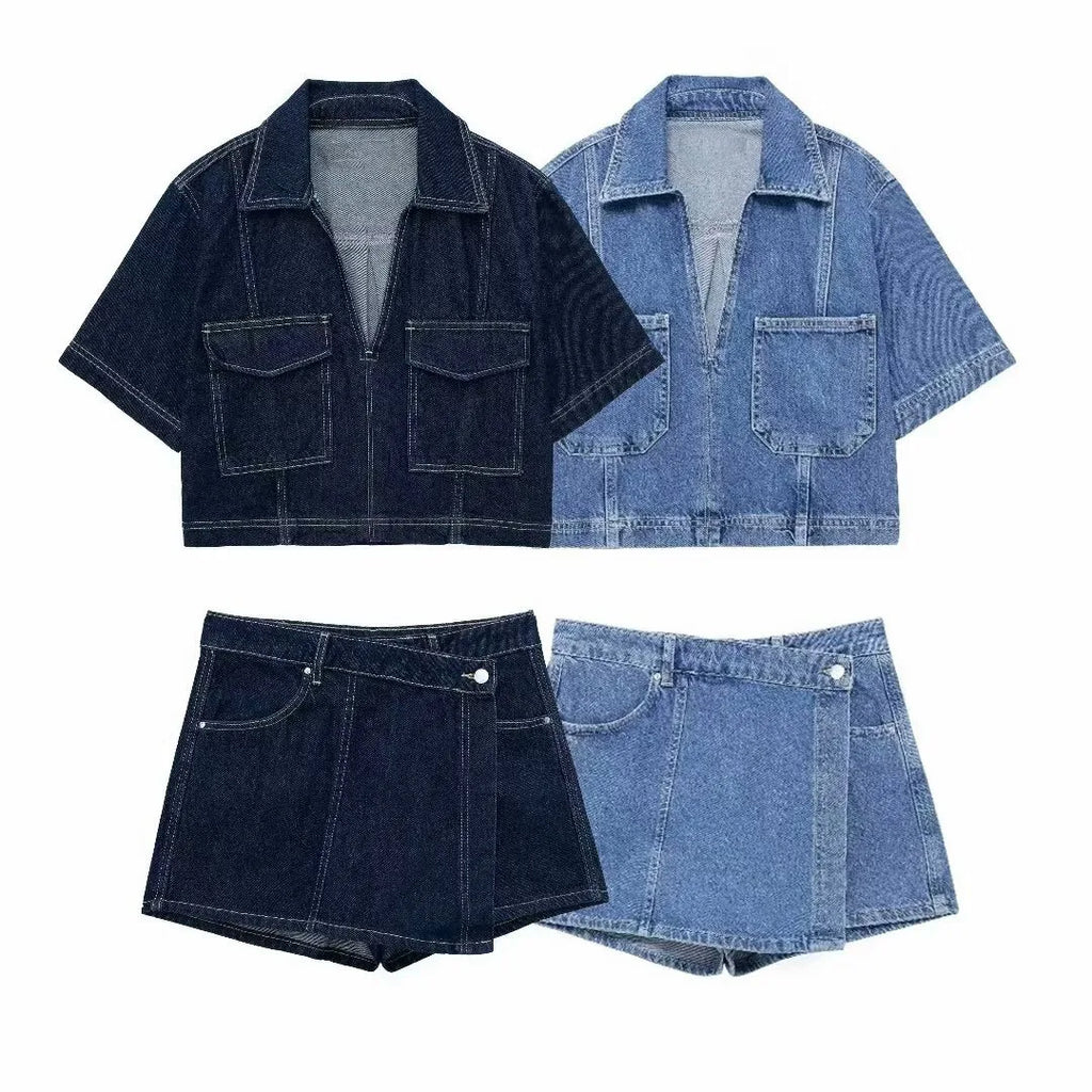 Versatile Women's Casual Denim Shirt and Double Breasted Denim Skirt Pants Set Summer Outfit in stylish blue hues.