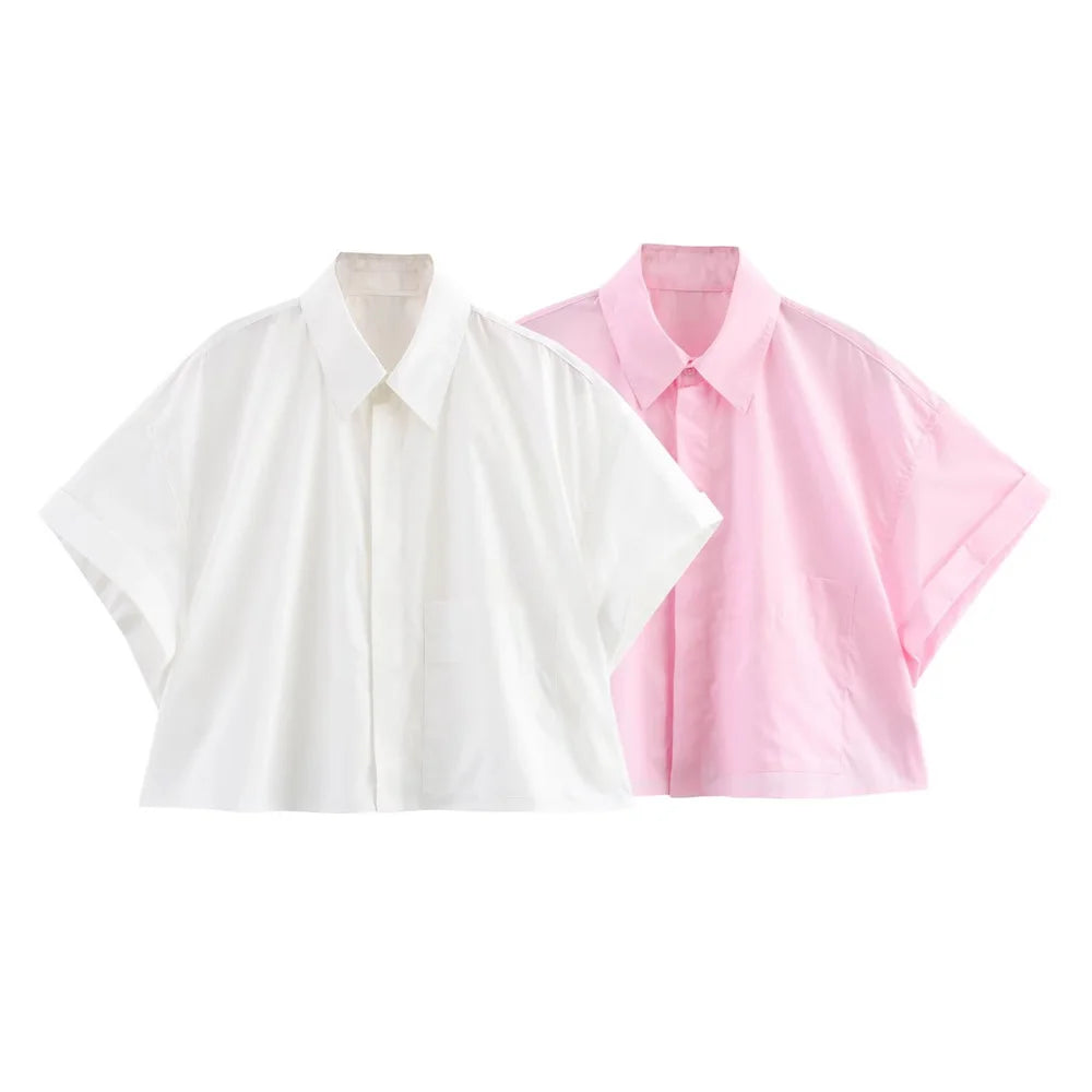 UNIZERA Women's Poplin Short Sleeve Shirt with Elegant Collar Buckle Detail, perfect lightweight top for spring and summer.