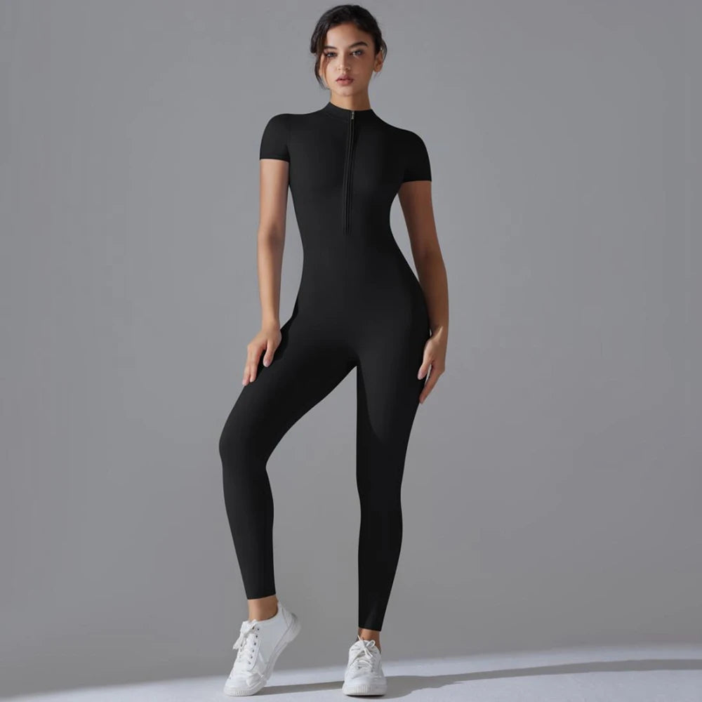 Womens Short Sleeve Yoga Jumpsuit Slim Fit Stretch One Piece Romper with Front Zipper, ideal for fitness and casual wear.