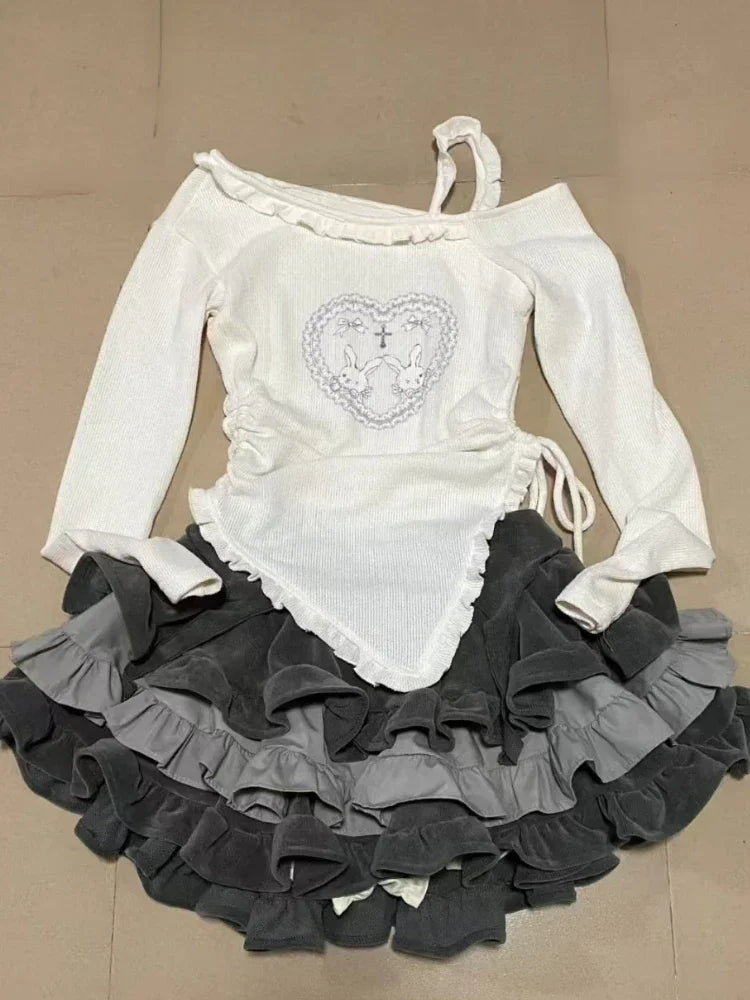 Kawaii Rabbit Print Two Piece Set Women Skirt Top Outfit