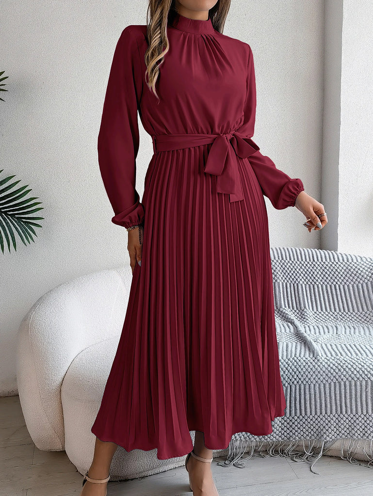 Elegant Pleated Lace Up Long Sleeve Maxi Dress For Spring