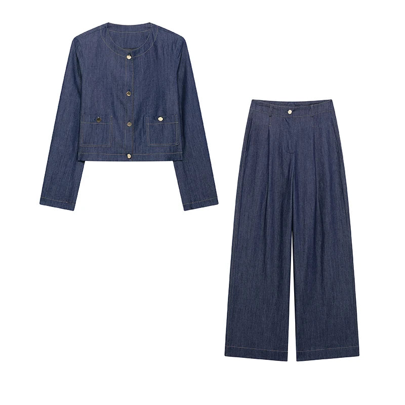 Chic Women's 2 Piece Set with Solid Single Breasted Jacket and Vintage Front Zipper Trousers in stylish denim fabric.