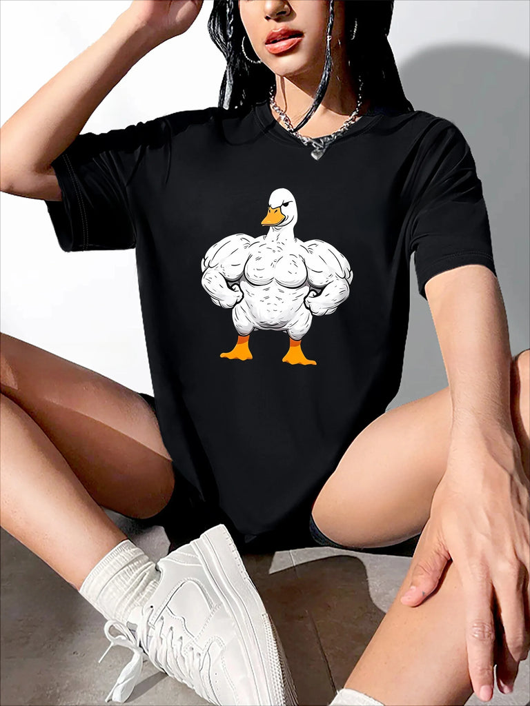 Funny Duck Print Casual Women's Sports T-Shirt Round Neck Short Sleeve Activewear Top
