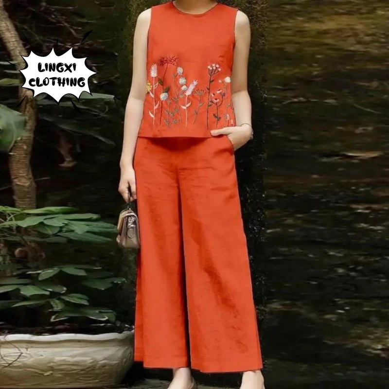 Elevate your style with the Women’s Cotton and Hemp Two Piece Set Loose Elegant Sleeveless Commuter Outfit with Embroidery.