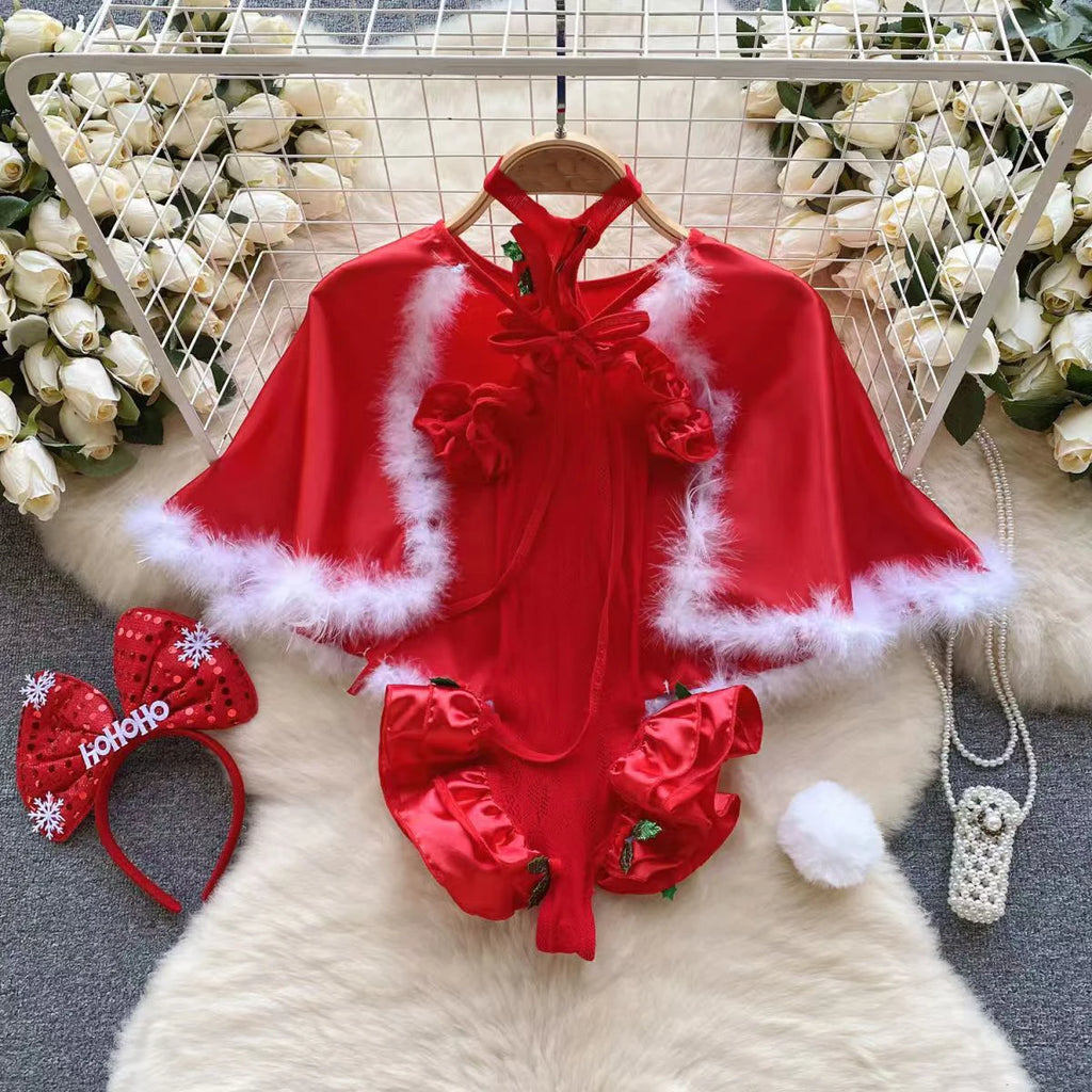 Red Sexy Christmas Lingerie Bodysuit Set With Shawl