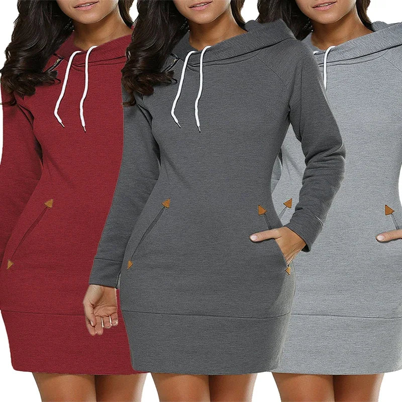 Women Knee Length Hooded Sweatshirt Dress With Pockets