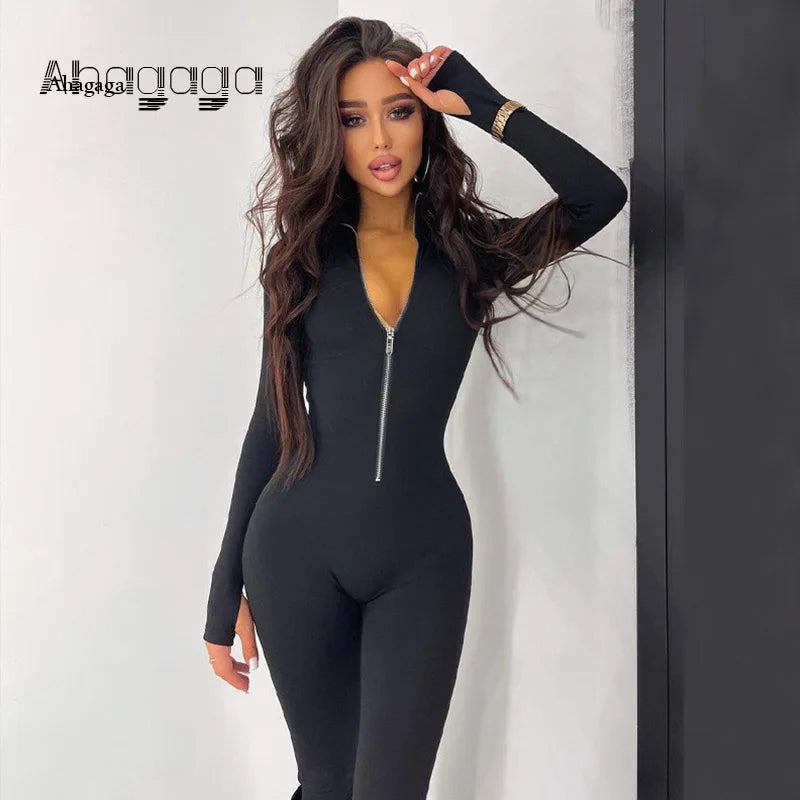 Ahagaga's Sexy Slim Fit Long Sleeve Zipper Jumpsuit Women Casual Fitness Streetwear Skinny Overalls Y2K Style in black.