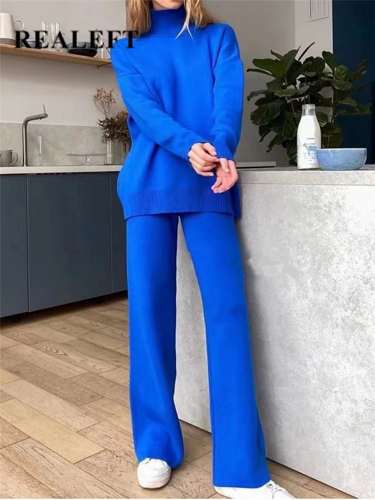 Stylish Blue Knitted Tracksuit Set for Women Featuring Turtleneck Sweater and Straight Leg Jogging Pants from REALEFT.