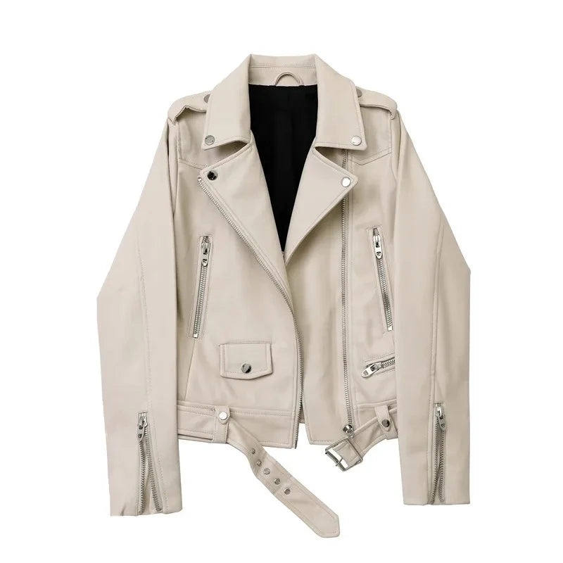 Women Faux Leather Motorcycle Jacket With Belt Zipper Lapel